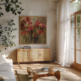 Wild Carnations by Silvia Vassileva. Shown in a natural wood frame in a cozy modern living room. Available as an archival giclee rolled canvas, fine art paper, or poster print. SKU 95704a.