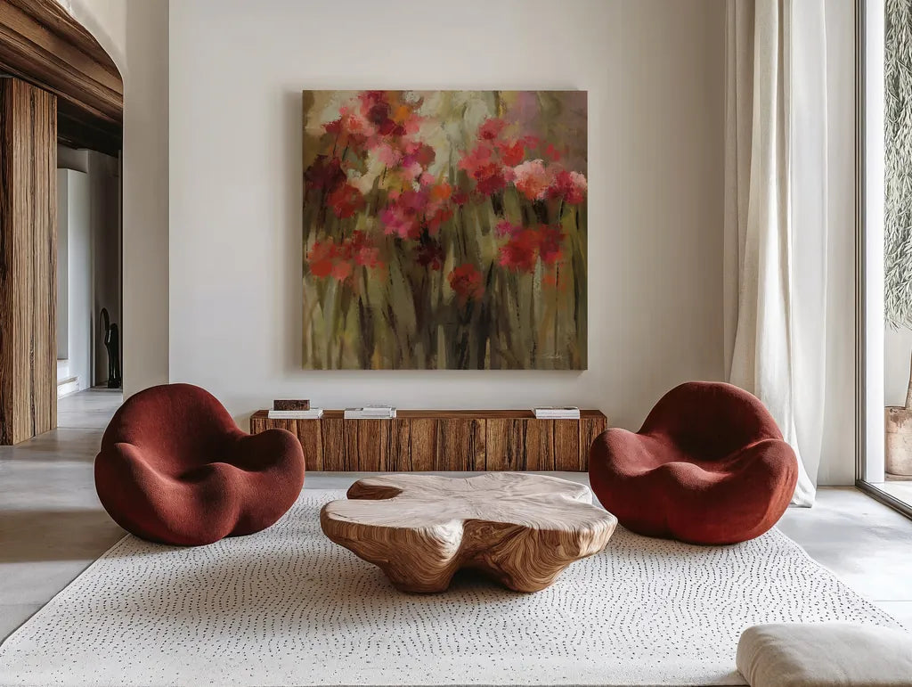 Wild Carnations by Silvia Vassileva. Shown as extra-large giant wall art in a modern living room. Available as an archival giclee rolled canvas, fine art paper, or poster print. SKU 95704a.
