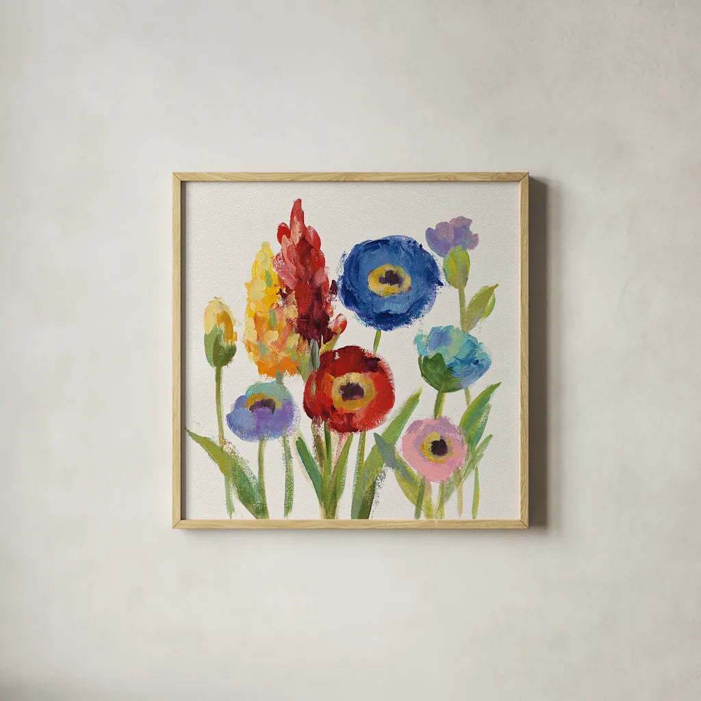 Wild Garden I by Silvia Vassileva. Shown in a natural wood glass frame for a timeless modern aesthetic. Available as an archival giclee rolled canvas, fine art paper, or poster print. SKU 30152a.