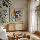 Wild Garden I by Silvia Vassileva. Shown in a natural wood frame in a cozy modern living room. Available as an archival giclee rolled canvas, fine art paper, or poster print. SKU 30152a.