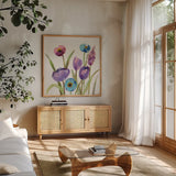 Wild Garden II by Silvia Vassileva. Shown in a natural wood frame in a cozy modern living room. Available as an archival giclee rolled canvas, fine art paper, or poster print. SKU 30153a.
