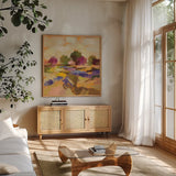 Wildflower Bloom I by Silvia Vassileva. Shown in a natural wood frame in a cozy modern living room. Available as an archival giclee rolled canvas, fine art paper, or poster print. SKU 90329a.