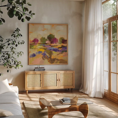 Wildflower Bloom I by Silvia Vassileva. Shown in a natural wood frame in a cozy modern living room. Available as an archival giclee rolled canvas, fine art paper, or poster print. SKU 90329a.