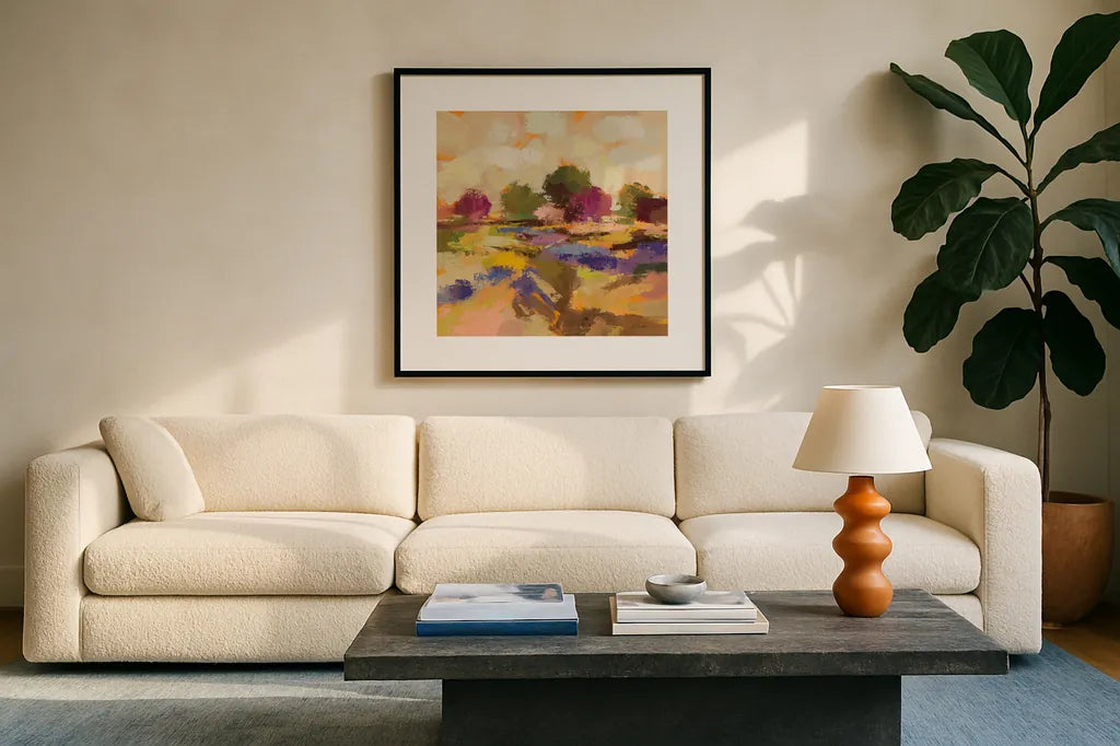 Wildflower Bloom I by Silvia Vassileva. Displayed in a glass frame with matte in a clean modern living room. Available as an archival giclee rolled canvas, fine art paper, or poster print. SKU 90329a.