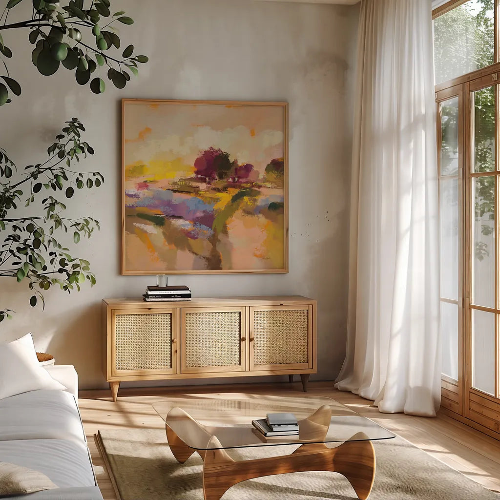 Wildflower Bloom II by Silvia Vassileva. Shown in a natural wood frame in a cozy modern living room. Available as an archival giclee rolled canvas, fine art paper, or poster print. SKU 90330a.