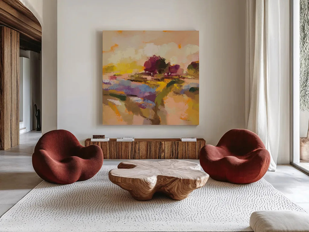 Wildflower Bloom II by Silvia Vassileva. Shown as extra-large giant wall art in a modern living room. Available as an archival giclee rolled canvas, fine art paper, or poster print. SKU 90330a.