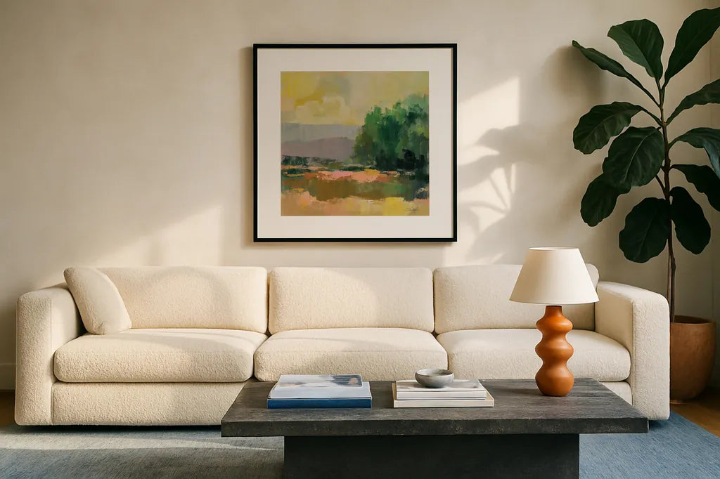 Willow by Silvia Vassileva. Displayed in a glass frame with matte in a clean modern living room. Available as an archival giclee rolled canvas, fine art paper, or poster print. SKU 89706a.