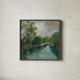 Willows by the Bridge by Silvia Vassileva. Shown in a sleek black glass frame for a contemporary gallery look. Available as an archival giclee rolled canvas, fine art paper, or poster print. SKU 100284a.