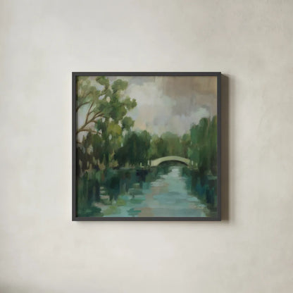 Willows by the Bridge by Silvia Vassileva. Shown in a sleek black glass frame for a contemporary gallery look. Available as an archival giclee rolled canvas, fine art paper, or poster print. SKU 100284a.