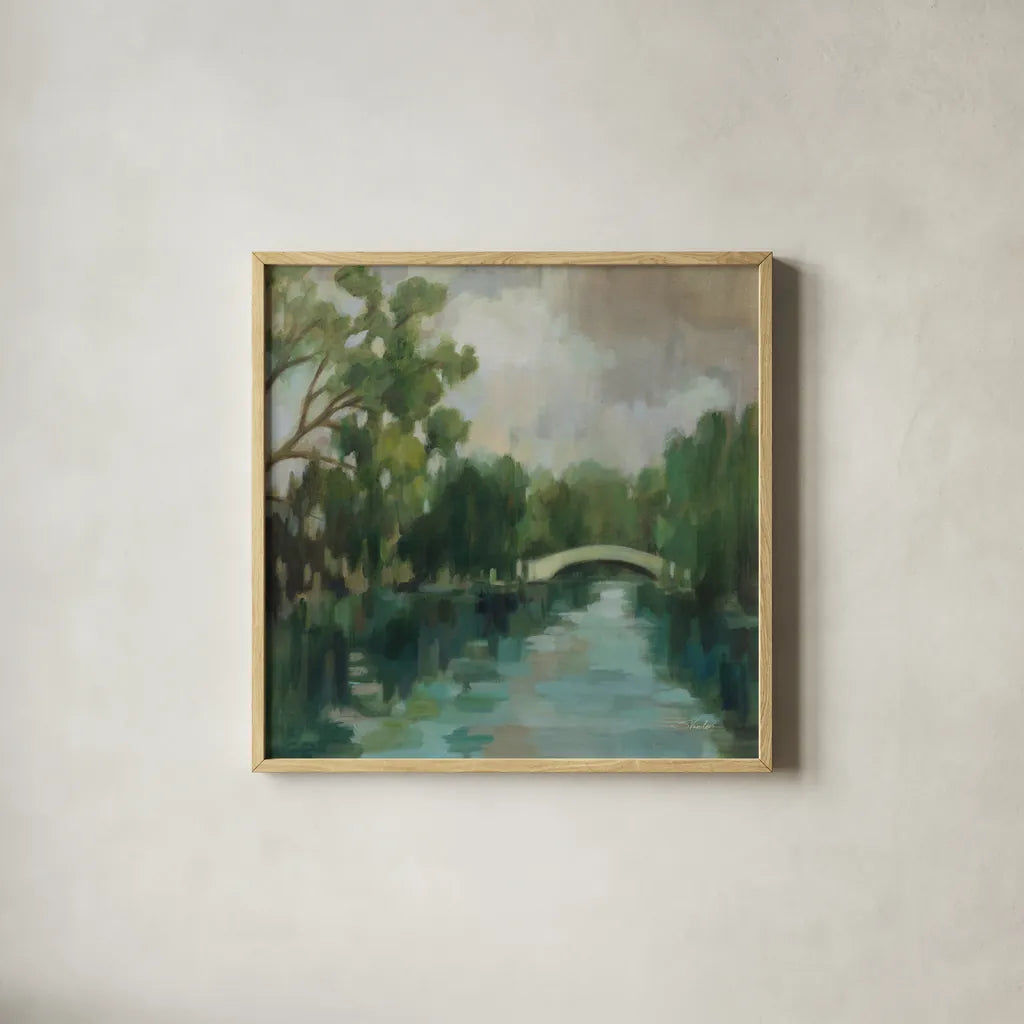 Willows by the Bridge by Silvia Vassileva. Shown in a natural wood glass frame for a timeless modern aesthetic. Available as an archival giclee rolled canvas, fine art paper, or poster print. SKU 100284a.
