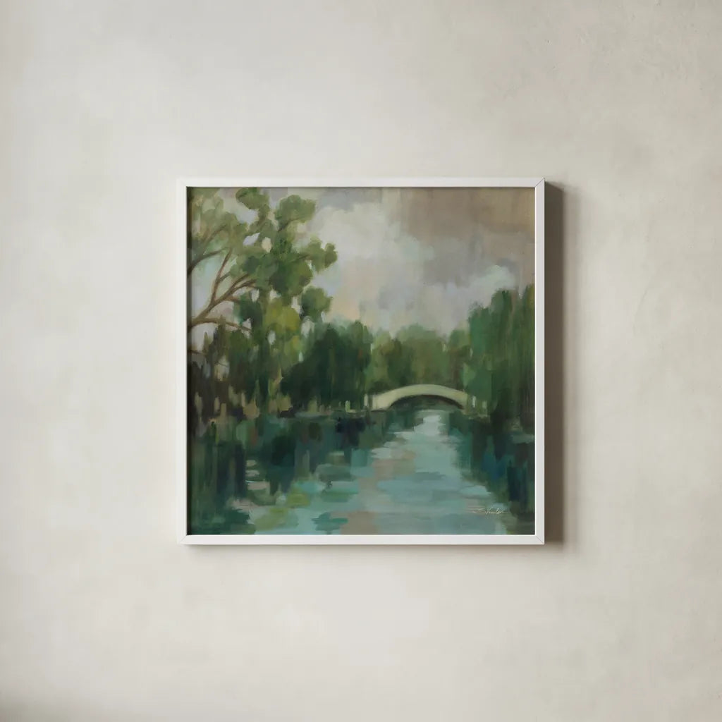 Willows by the Bridge by Silvia Vassileva. Shown in a crisp white glass frame for a clean and minimalist style. Available as an archival giclee rolled canvas, fine art paper, or poster print. SKU 100284a.