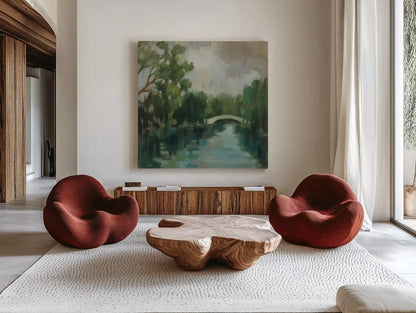 Willows by the Bridge by Silvia Vassileva. Shown as extra-large giant wall art in a modern living room. Available as an archival giclee rolled canvas, fine art paper, or poster print. SKU 100284a.