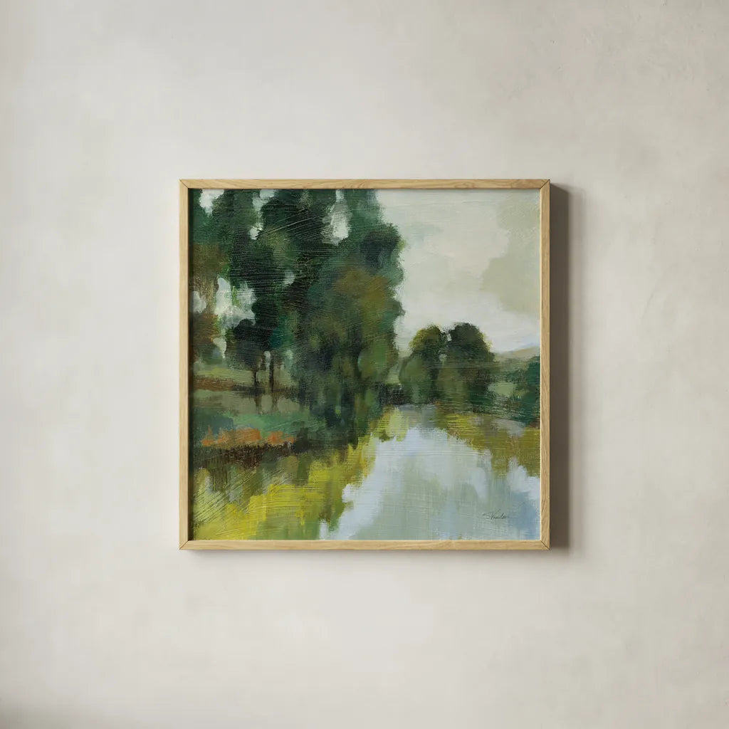 Willows by the Pond I by Silvia Vassileva. Shown in a natural wood glass frame for a timeless modern aesthetic. Available as an archival giclee rolled canvas, fine art paper, or poster print. SKU 88693a.