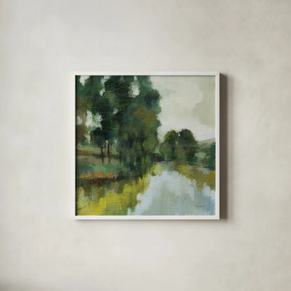 Willows by the Pond I by Silvia Vassileva. Shown in a crisp white glass frame for a clean and minimalist style. Available as an archival giclee rolled canvas, fine art paper, or poster print. SKU 88693a.