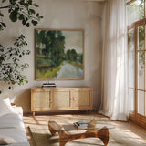 Willows by the Pond I by Silvia Vassileva. Shown in a natural wood frame in a cozy modern living room. Available as an archival giclee rolled canvas, fine art paper, or poster print. SKU 88693a.