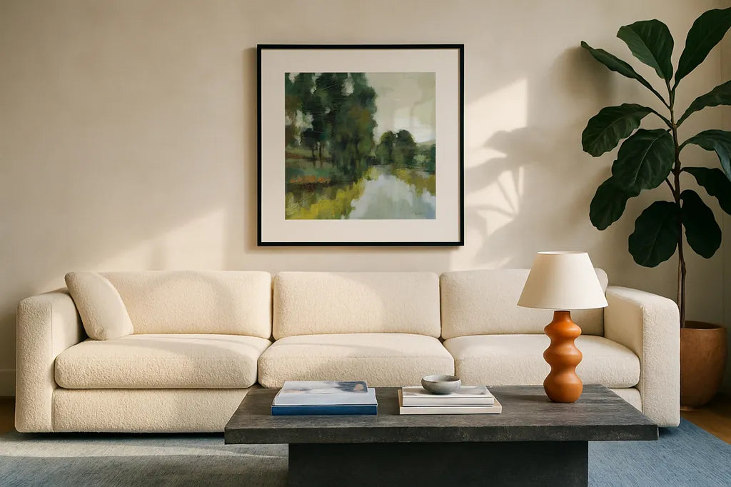 Willows by the Pond I by Silvia Vassileva. Displayed in a glass frame with matte in a clean modern living room. Available as an archival giclee rolled canvas, fine art paper, or poster print. SKU 88693a.