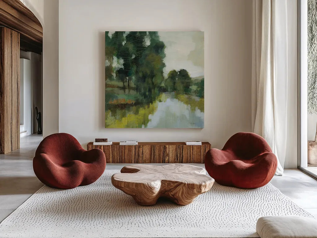 Willows by the Pond I by Silvia Vassileva. Shown as extra-large giant wall art in a modern living room. Available as an archival giclee rolled canvas, fine art paper, or poster print. SKU 88693a.