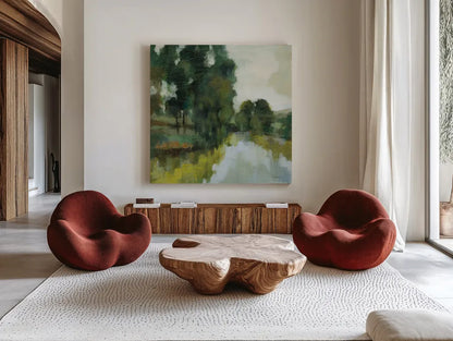 Willows by the Pond I by Silvia Vassileva. Shown as extra-large giant wall art in a modern living room. Available as an archival giclee rolled canvas, fine art paper, or poster print. SKU 88693a.