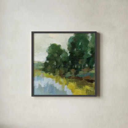Willows by the Pond II by Silvia Vassileva. Shown in a sleek black glass frame for a contemporary gallery look. Available as an archival giclee rolled canvas, fine art paper, or poster print. SKU 88694a.