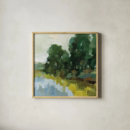 Willows by the Pond II by Silvia Vassileva. Shown in a natural wood glass frame for a timeless modern aesthetic. Available as an archival giclee rolled canvas, fine art paper, or poster print. SKU 88694a.
