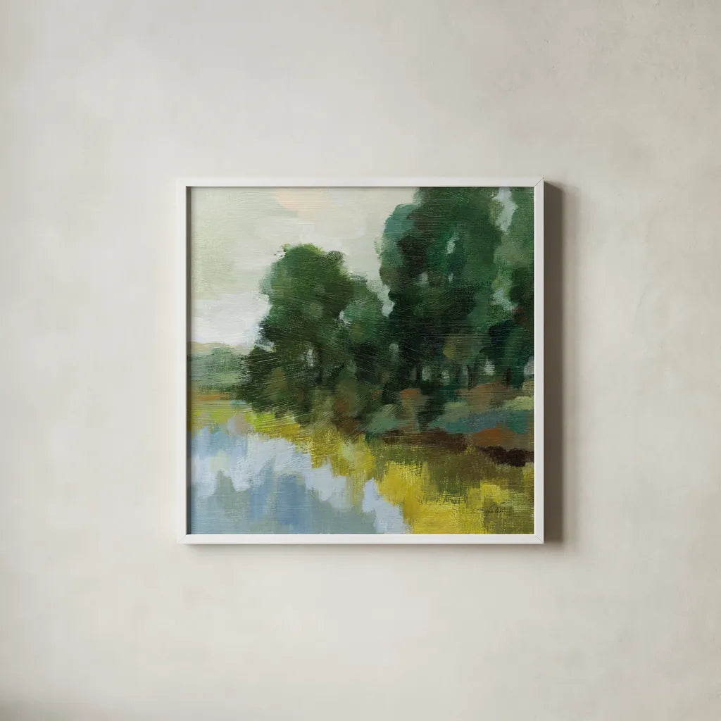 Willows by the Pond II by Silvia Vassileva. Shown in a crisp white glass frame for a clean and minimalist style. Available as an archival giclee rolled canvas, fine art paper, or poster print. SKU 88694a.