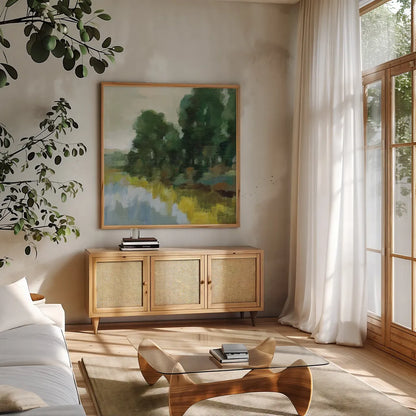 Willows by the Pond II by Silvia Vassileva. Shown in a natural wood frame in a cozy modern living room. Available as an archival giclee rolled canvas, fine art paper, or poster print. SKU 88694a.