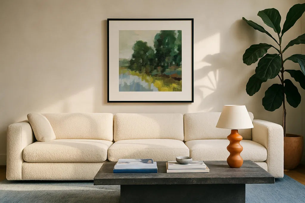 Willows by the Pond II by Silvia Vassileva. Displayed in a glass frame with matte in a clean modern living room. Available as an archival giclee rolled canvas, fine art paper, or poster print. SKU 88694a.