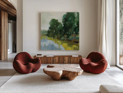 Willows by the Pond II by Silvia Vassileva. Shown as extra-large giant wall art in a modern living room. Available as an archival giclee rolled canvas, fine art paper, or poster print. SKU 88694a.