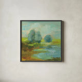 Windsor Blue Field I by Silvia Vassileva. Shown in a sleek black glass frame for a contemporary gallery look. Available as an archival giclee rolled canvas, fine art paper, or poster print. SKU 14776a.