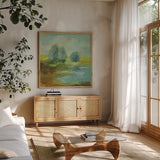 Windsor Blue Field I by Silvia Vassileva. Shown in a natural wood frame in a cozy modern living room. Available as an archival giclee rolled canvas, fine art paper, or poster print. SKU 14776a.