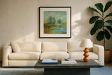 Windsor Blue Field I by Silvia Vassileva. Displayed in a glass frame with matte in a clean modern living room. Available as an archival giclee rolled canvas, fine art paper, or poster print. SKU 14776a.