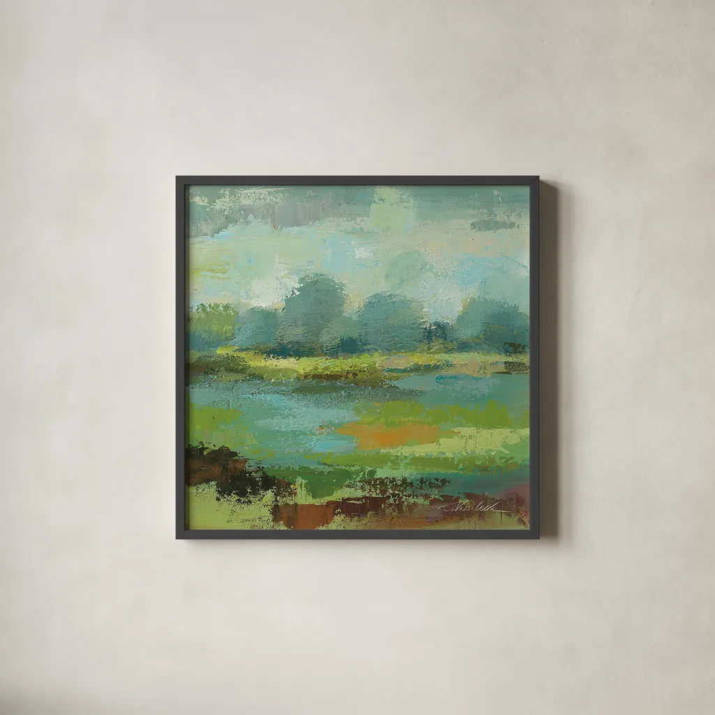 Windsor Blue Field II by Silvia Vassileva. Shown in a sleek black glass frame for a contemporary gallery look. Available as an archival giclee rolled canvas, fine art paper, or poster print. SKU 14777a.