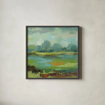 Windsor Blue Field II by Silvia Vassileva. Shown in a sleek black glass frame for a contemporary gallery look. Available as an archival giclee rolled canvas, fine art paper, or poster print. SKU 14777a.