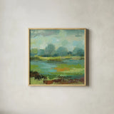 Windsor Blue Field II by Silvia Vassileva. Shown in a natural wood glass frame for a timeless modern aesthetic. Available as an archival giclee rolled canvas, fine art paper, or poster print. SKU 14777a.