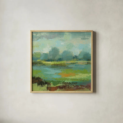 Windsor Blue Field II by Silvia Vassileva. Shown in a natural wood glass frame for a timeless modern aesthetic. Available as an archival giclee rolled canvas, fine art paper, or poster print. SKU 14777a.