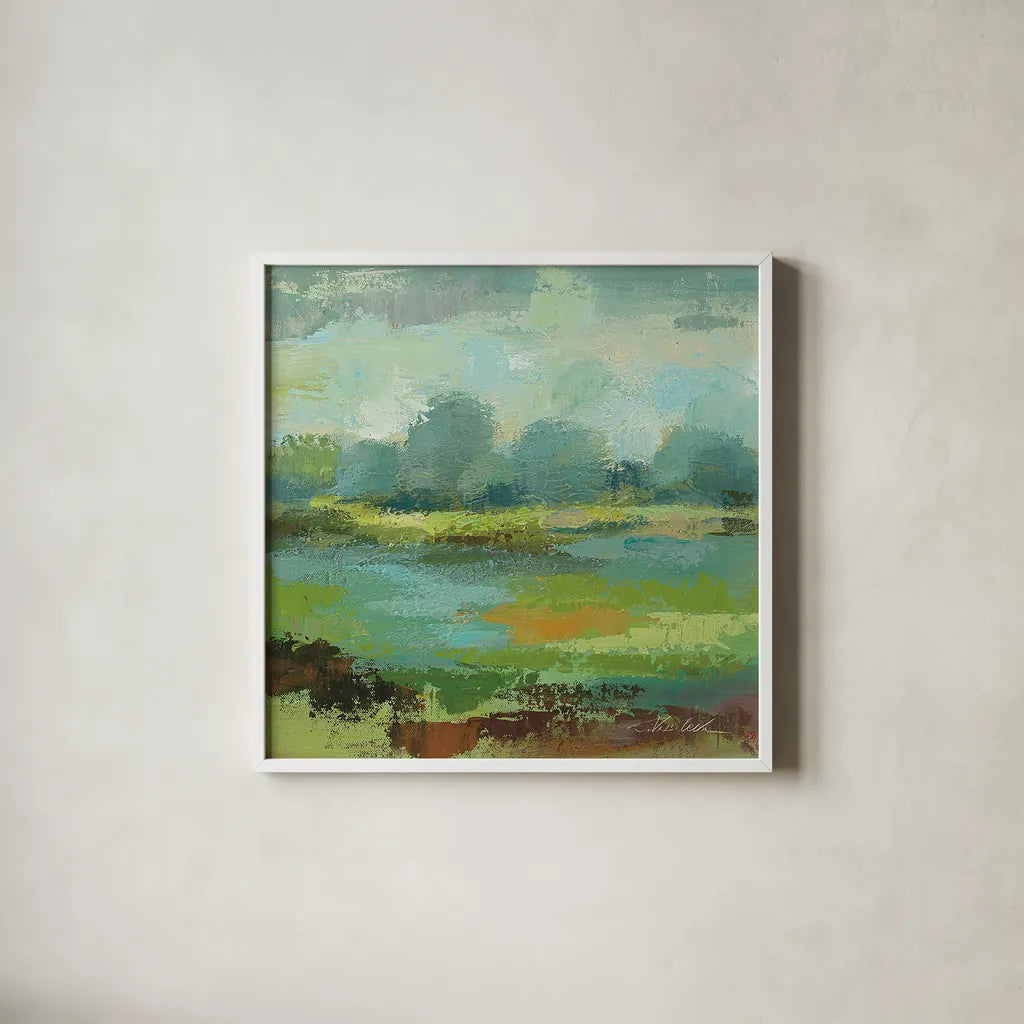 Windsor Blue Field II by Silvia Vassileva. Shown in a crisp white glass frame for a clean and minimalist style. Available as an archival giclee rolled canvas, fine art paper, or poster print. SKU 14777a.
