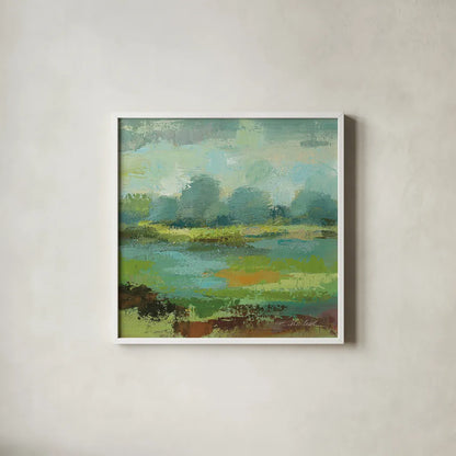 Windsor Blue Field II by Silvia Vassileva. Shown in a crisp white glass frame for a clean and minimalist style. Available as an archival giclee rolled canvas, fine art paper, or poster print. SKU 14777a.