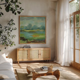 Windsor Blue Field II by Silvia Vassileva. Shown in a natural wood frame in a cozy modern living room. Available as an archival giclee rolled canvas, fine art paper, or poster print. SKU 14777a.