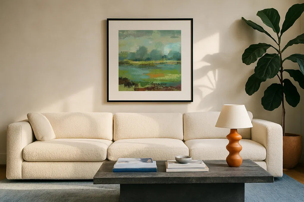 Windsor Blue Field II by Silvia Vassileva. Displayed in a glass frame with matte in a clean modern living room. Available as an archival giclee rolled canvas, fine art paper, or poster print. SKU 14777a.