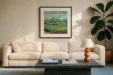 Windsor Blue Field II by Silvia Vassileva. Displayed in a glass frame with matte in a clean modern living room. Available as an archival giclee rolled canvas, fine art paper, or poster print. SKU 14777a.
