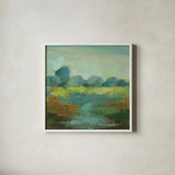 Windsor Blue Field III by Silvia Vassileva. Shown in a crisp white glass frame for a clean and minimalist style. Available as an archival giclee rolled canvas, fine art paper, or poster print. SKU 14778a.