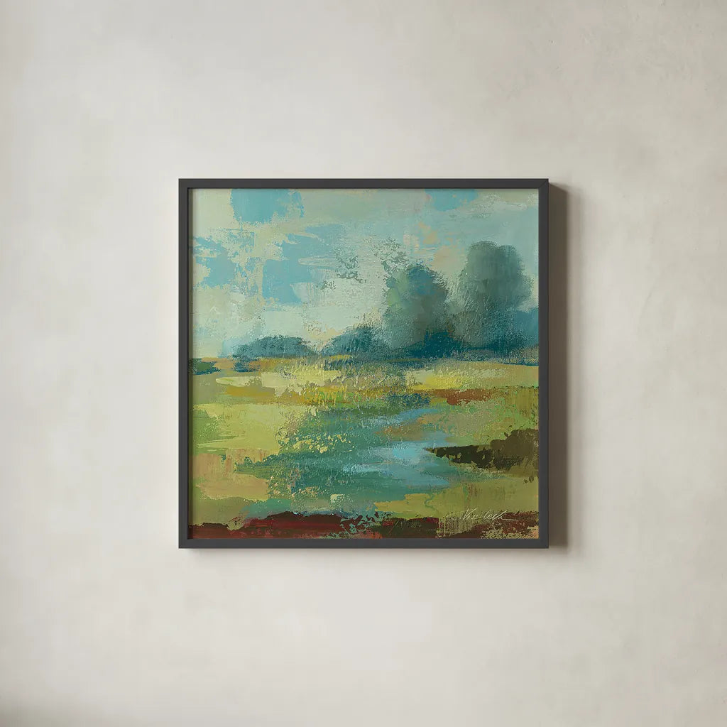 Windsor Blue Field IV by Silvia Vassileva. Shown in a sleek black glass frame for a contemporary gallery look. Available as an archival giclee rolled canvas, fine art paper, or poster print. SKU 14779a.