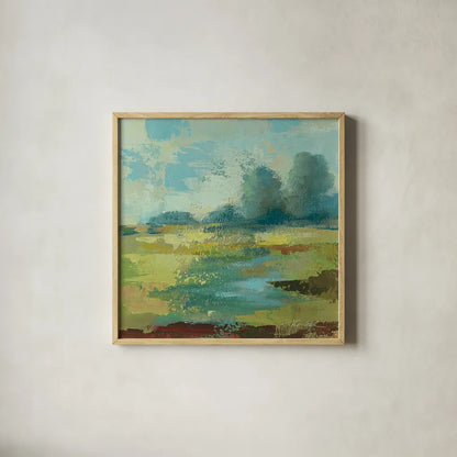 Windsor Blue Field IV by Silvia Vassileva. Shown in a natural wood glass frame for a timeless modern aesthetic. Available as an archival giclee rolled canvas, fine art paper, or poster print. SKU 14779a.