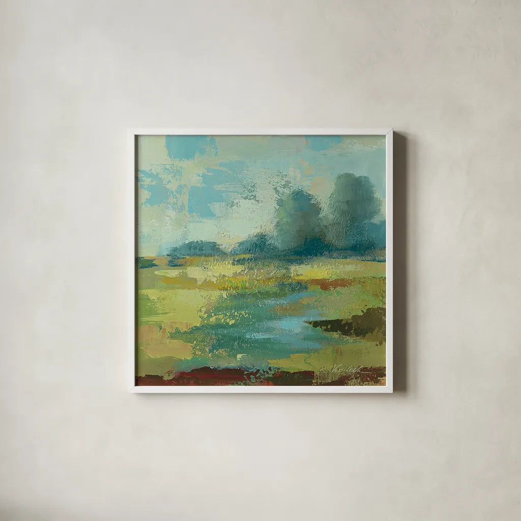 Windsor Blue Field IV by Silvia Vassileva. Shown in a crisp white glass frame for a clean and minimalist style. Available as an archival giclee rolled canvas, fine art paper, or poster print. SKU 14779a.