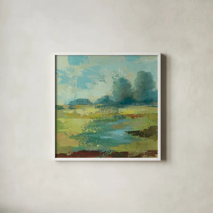 Windsor Blue Field IV by Silvia Vassileva. Shown in a crisp white glass frame for a clean and minimalist style. Available as an archival giclee rolled canvas, fine art paper, or poster print. SKU 14779a.