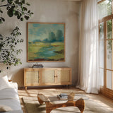 Windsor Blue Field IV by Silvia Vassileva. Shown in a natural wood frame in a cozy modern living room. Available as an archival giclee rolled canvas, fine art paper, or poster print. SKU 14779a.