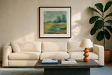 Windsor Blue Field IV by Silvia Vassileva. Displayed in a glass frame with matte in a clean modern living room. Available as an archival giclee rolled canvas, fine art paper, or poster print. SKU 14779a.