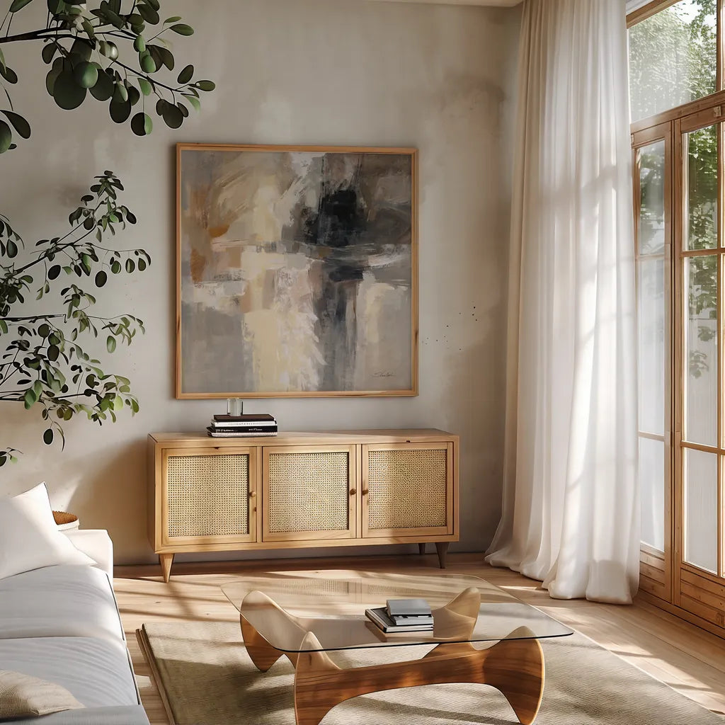 Wings by Silvia Vassileva. Shown in a natural wood frame in a cozy modern living room. Available as an archival giclee rolled canvas, fine art paper, or poster print. SKU 73223a.