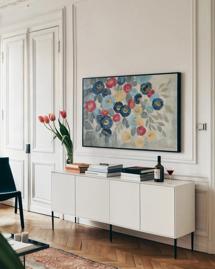 Winter Flowers I by Silvia Vassileva. shown as a framed stretched canvas in a living room above a console. Available as a archival giclee rolled canvas, fine art paper, or poster print. SKU 23933i.