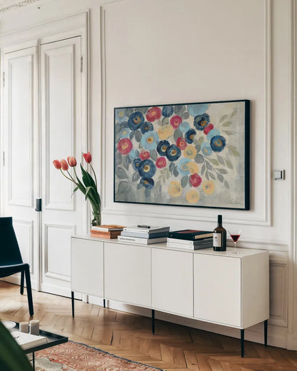 Winter Flowers I by Silvia Vassileva. shown as a framed stretched canvas in a living room above a console. Available as a archival giclee rolled canvas, fine art paper, or poster print. SKU 23933i.